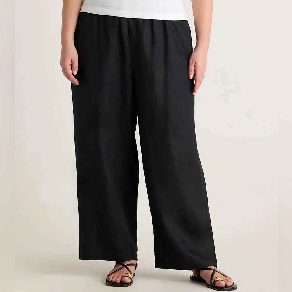 Quince 100% European Linen Wide Leg Pull On Pants Black XL Relaxed Coastal